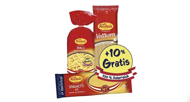 Bis September gibt es bei neun Produkten aus der Recheis Goldmarke- und Vollkorn-Linie eine Überfüller-Aktion mit +10% mehr Inhalt gratis.