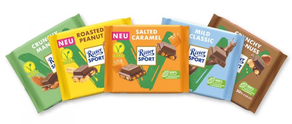 Ritter Sport erweitert das Angebot an veganen Schokoladen um die beiden trendigen Geschmacksrichtungen Roasted Peanut und Salted Caramel.