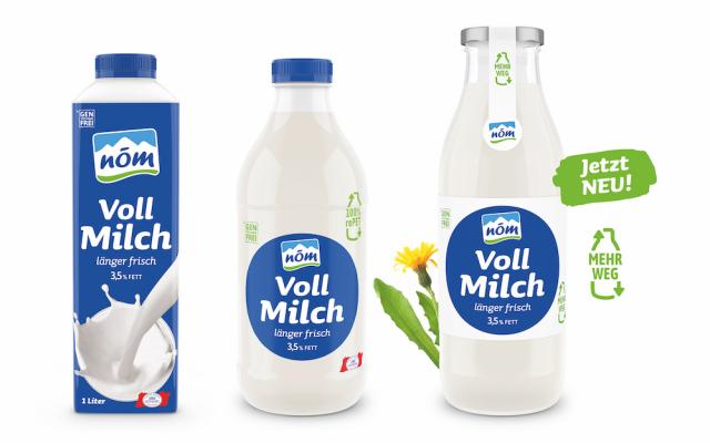 Zusätzlich zum Tetra Pak und der rePET-Flasche wird die nöm Voll Milch ab sofort auch in der nachhaltigen Mehrweg-Glasflasche angeboten.
