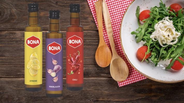 Die beliebten Geschmacksöle von Bona sind ab sofort in der schlanken Glasflasche in neuem Design erhältlich.